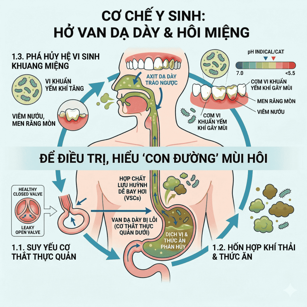 Cơ chế y sinh: Tại sao hở van dạ dày lại gây hôi miệng nặng?