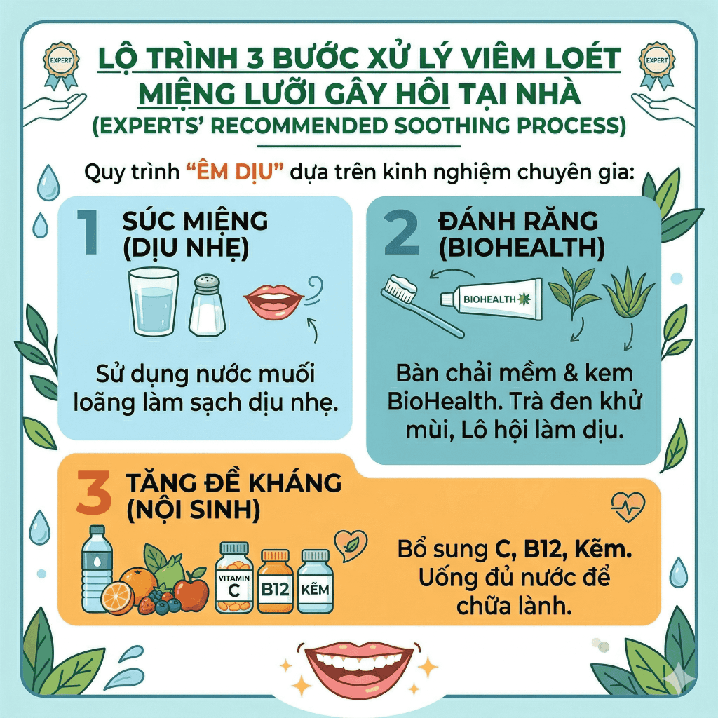 Lộ trình 3 bước xử lý viêm loét miệng lưỡi gây hôi tại nhà