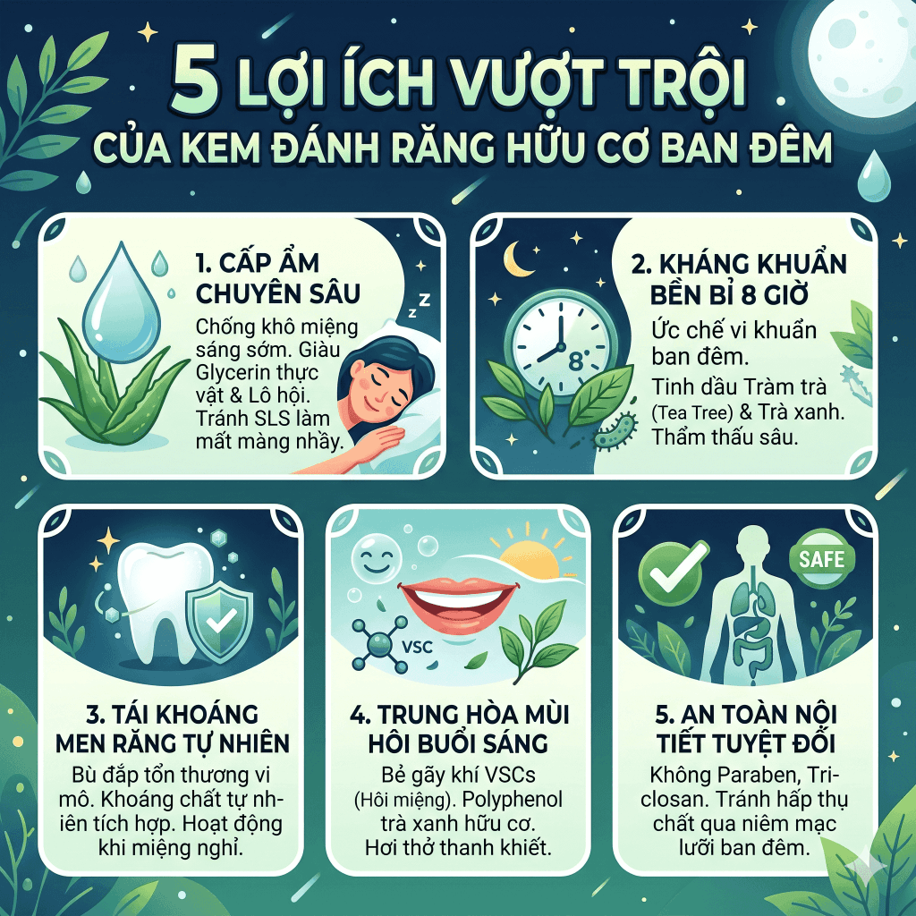5 Lợi ích vượt trội khi sử dụng kem đánh răng hữu cơ dùng ban đêm