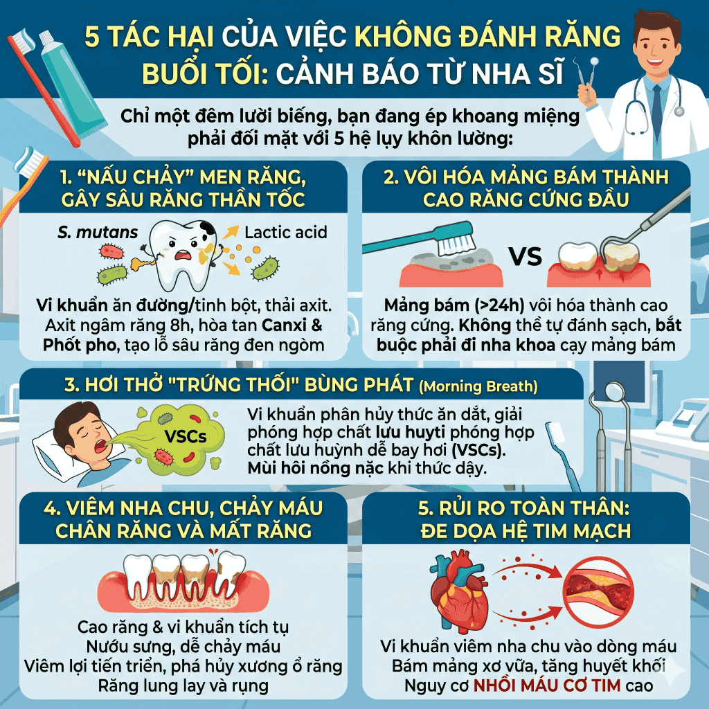 5 Tác hại của việc không đánh răng buổi tối: Cảnh báo từ Nha sĩ