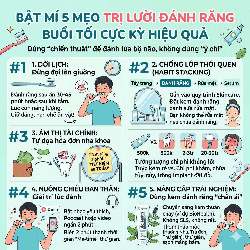 Bật mí 5 mẹo trị lười đánh răng buổi tối cực kỳ hiệu quả