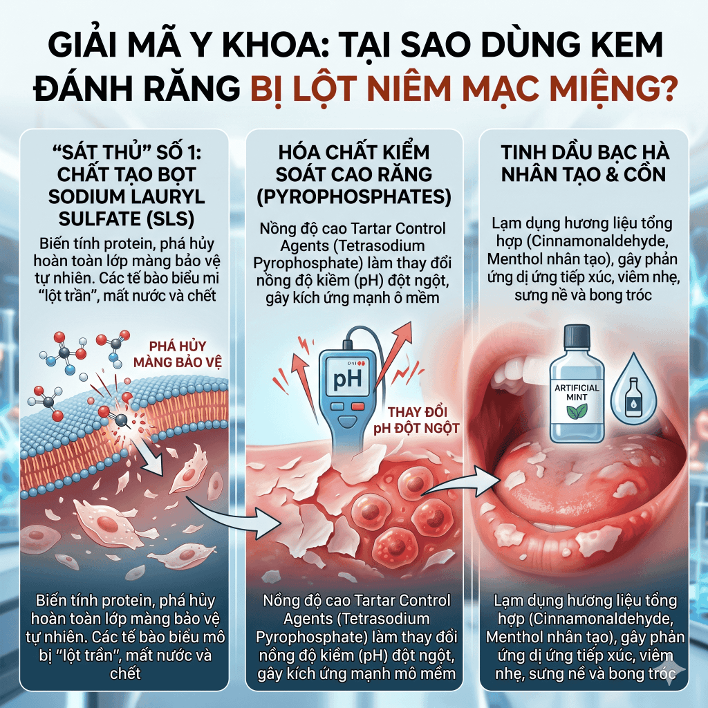 Giải mã y khoa: Tại sao dùng kem đánh răng bị lột niêm mạc miệng?
