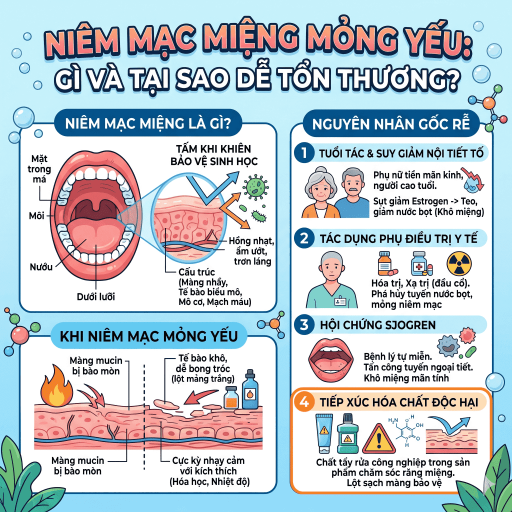 Niêm mạc miệng mỏng yếu là gì và tại sao lại dễ bị tổn thương?