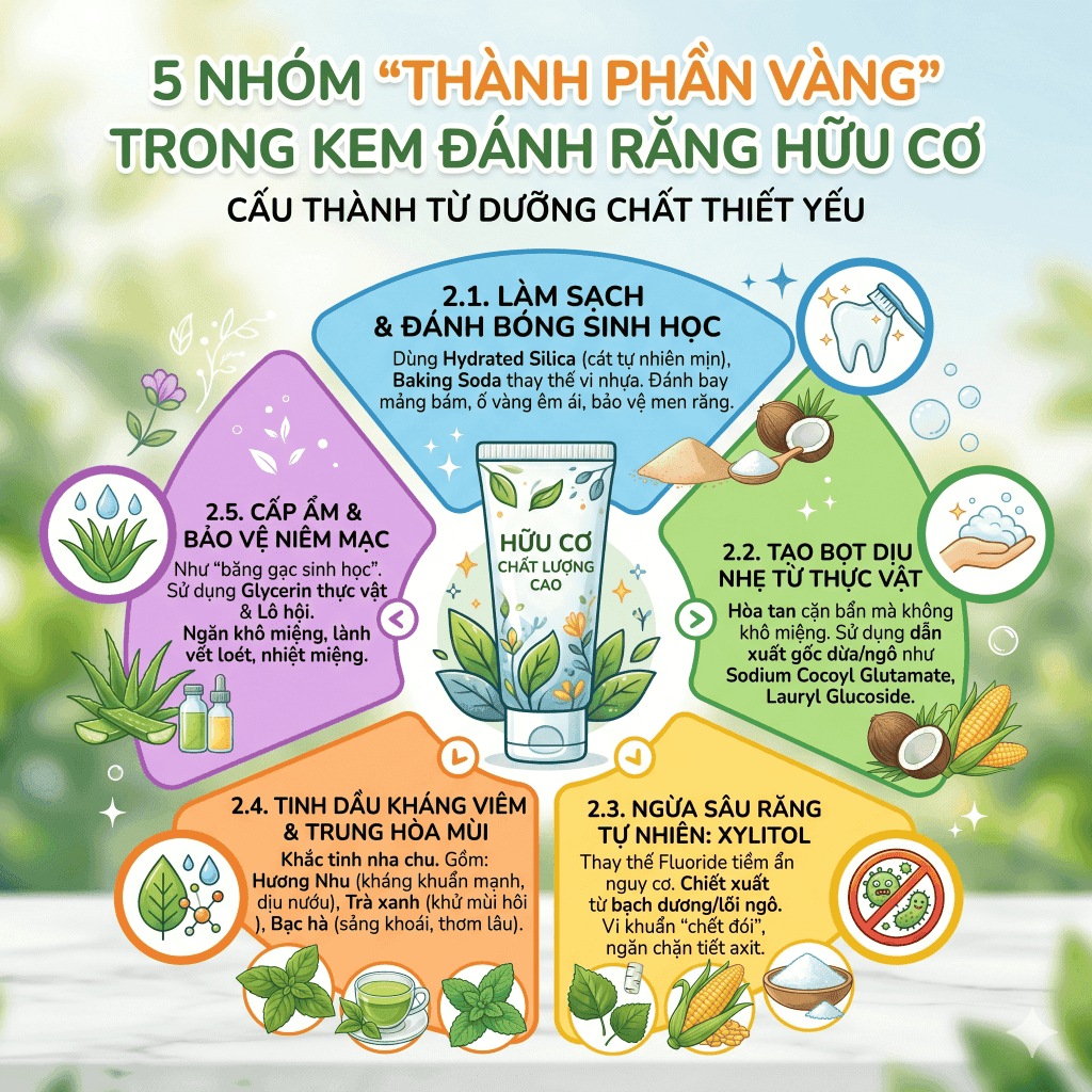 Bóc tách 5 nhóm "thành phần vàng" trong kem đánh răng hữu cơ
