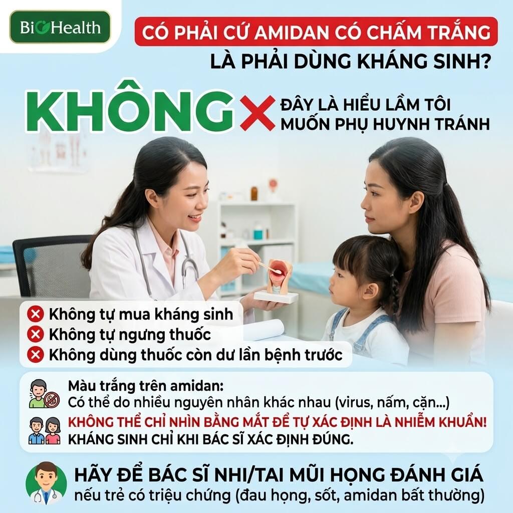 Có phải cứ amidan có chấm trắng là phải dùng kháng sinh?
