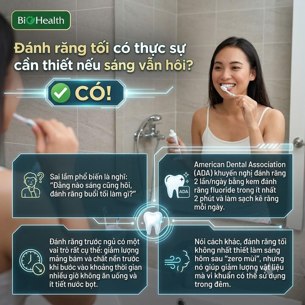 Đánh răng tối có thực sự cần thiết nếu sáng vẫn hôi?