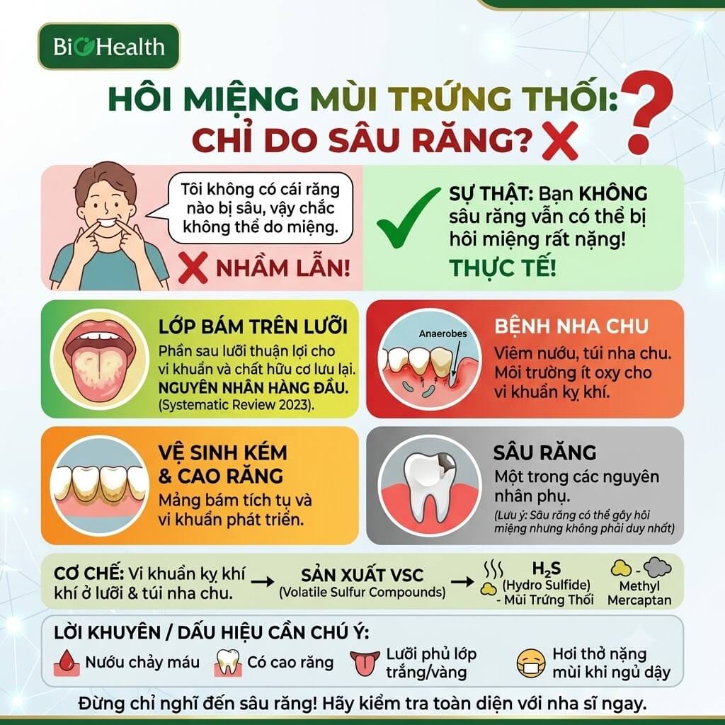 Hôi miệng mùi trứng thối chỉ xuất hiện khi bị sâu răng?