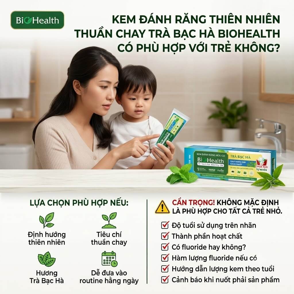 Kem đánh răng thiên nhiên thuần chay trà bạc hà BioHealth có phù hợp với trẻ không?