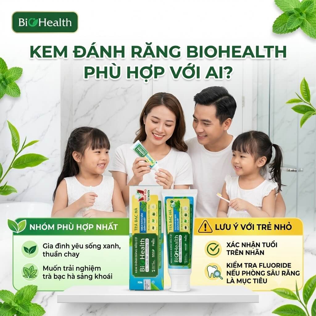 Kem đánh răng thiên nhiên thuần chay trà bạc hà BioHealth phù hợp với nhóm nào?