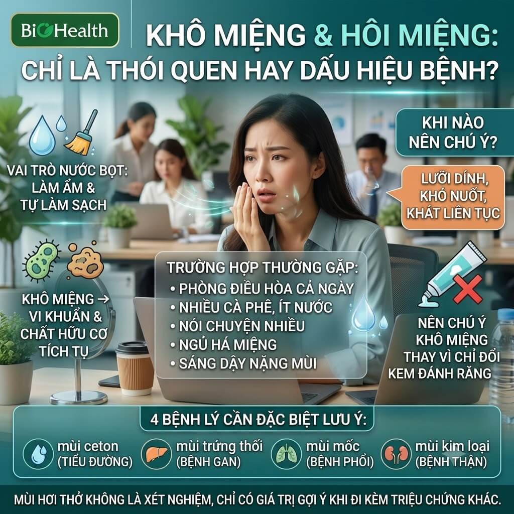 Khô miệng làm hơi thở dễ có mùi hơn