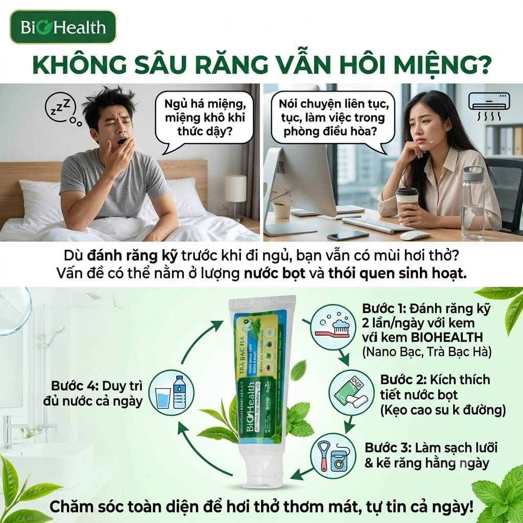 Không sâu răng vẫn hôi miệng: Miệng khô, thở bằng miệng hoặc uống quá ít nước