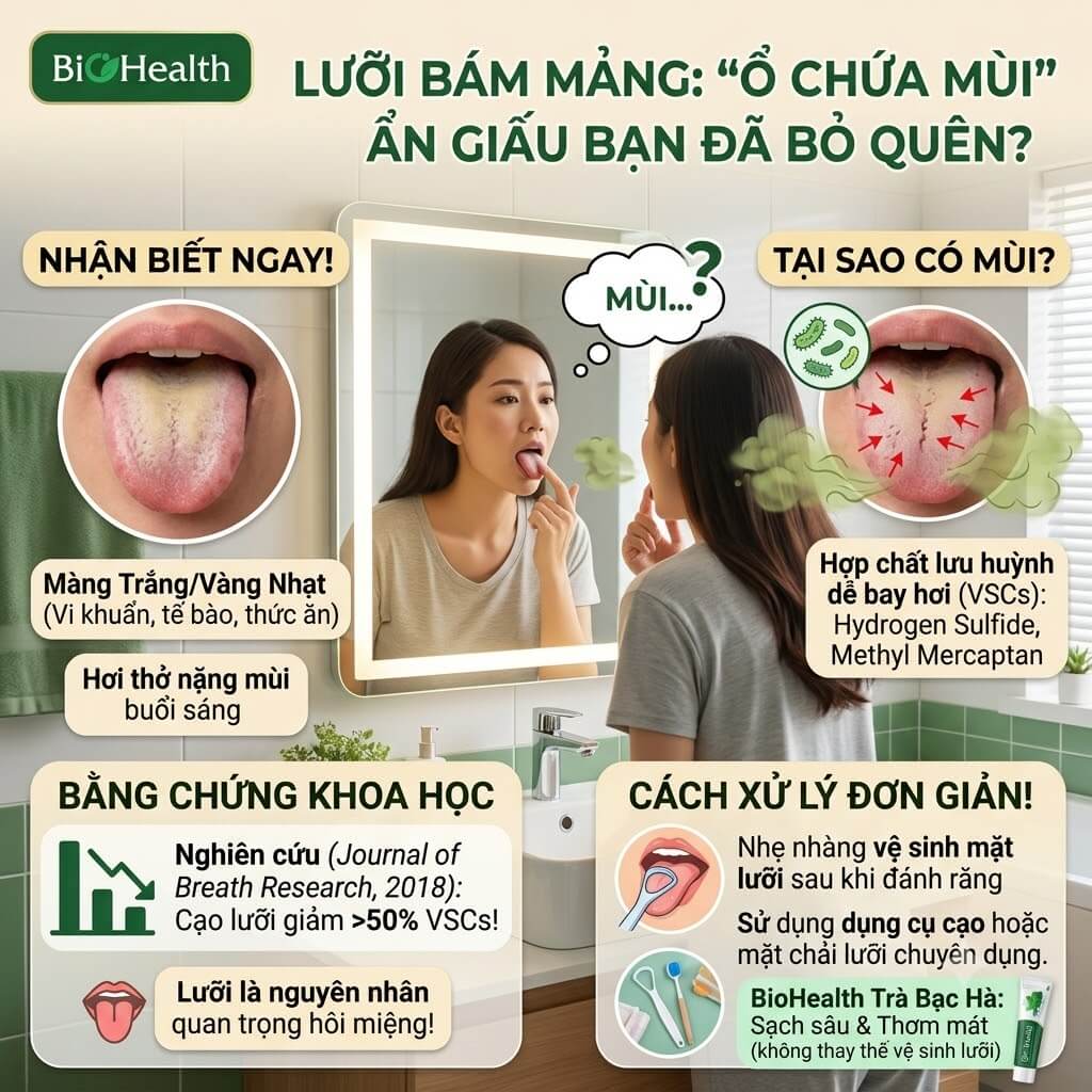 Lưỡi bám mảng: "ổ chứa mùi" nằm ngay trước mắt nhưng thường bị bỏ quên