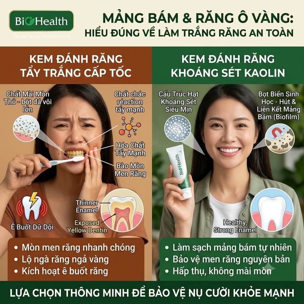 Mảng bám tích tụ, răng ố vàng - Vì sao các phương pháp làm trắng thông thường gây hại?