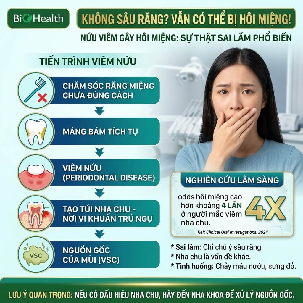 Nướu viêm có thể gây mùi dù răng không bị sâu
