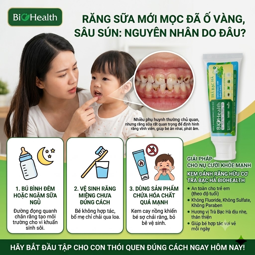 Răng sữa mới mọc đã bị ố vàng, sâu sún: Nguyên nhân do đâu?