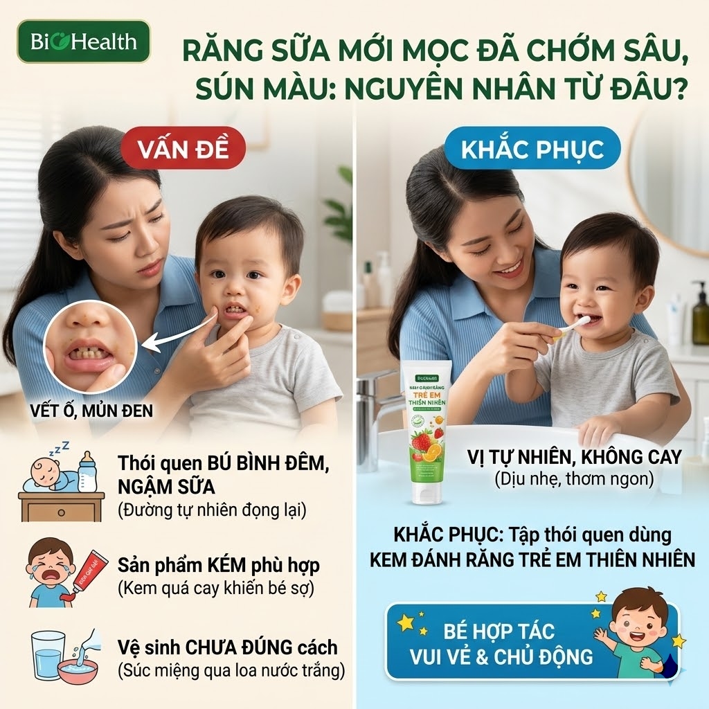 Răng sữa mới mọc đã chớm sâu, sún màu: Nguyên nhân từ đâu?