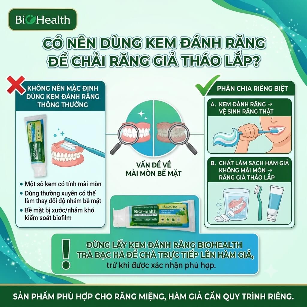 Có nên dùng kem đánh răng để chải răng giả tháo lắp?