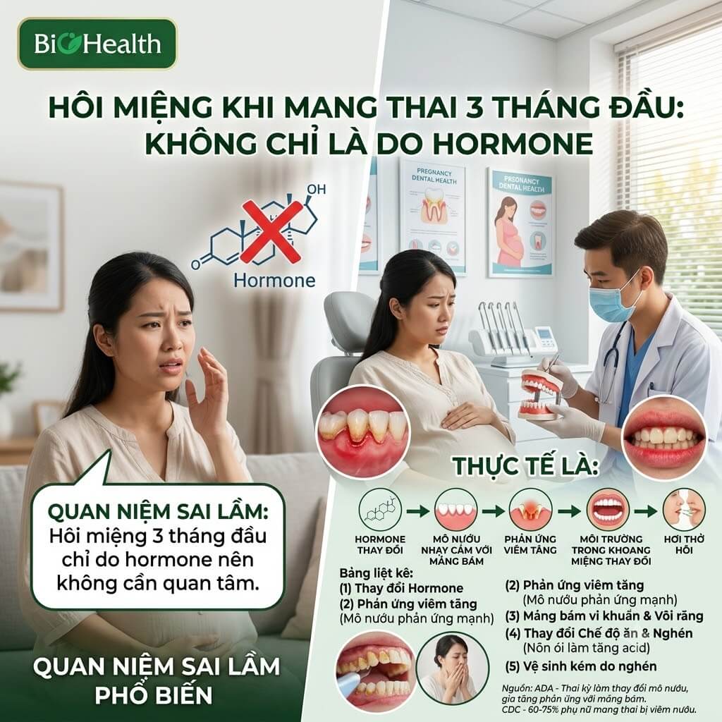 "Hôi miệng 3 tháng đầu chỉ do hormone nên không cần quan tâm"