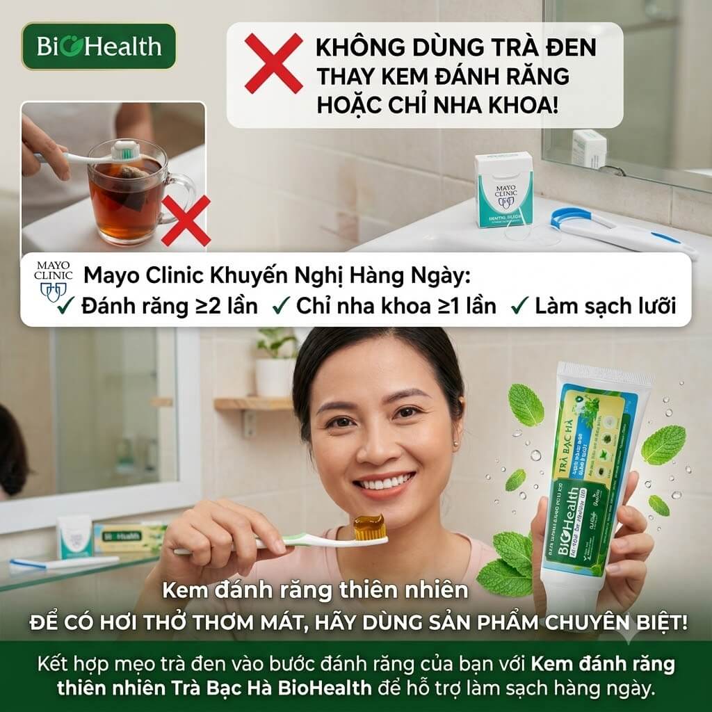 Không dùng trà đen thay kem đánh răng hoặc chỉ nha khoa