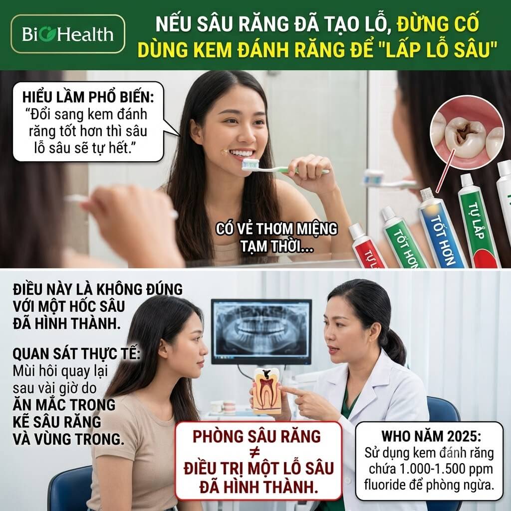 Nếu sâu răng đã tạo lỗ, đừng cố dùng kem đánh răng để "lấp lỗ sâu"