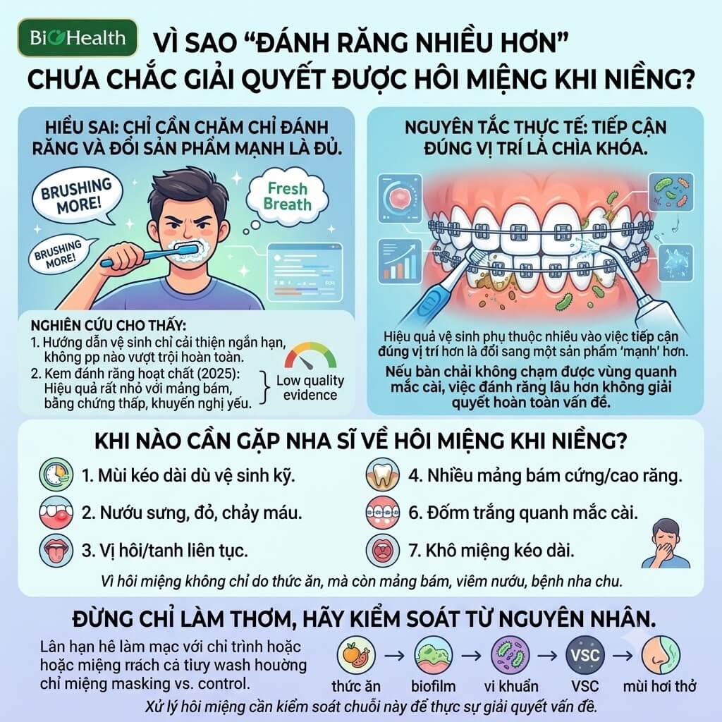 Vì sao "đánh răng nhiều hơn" chưa chắc giải quyết được hôi miệng khi niềng?