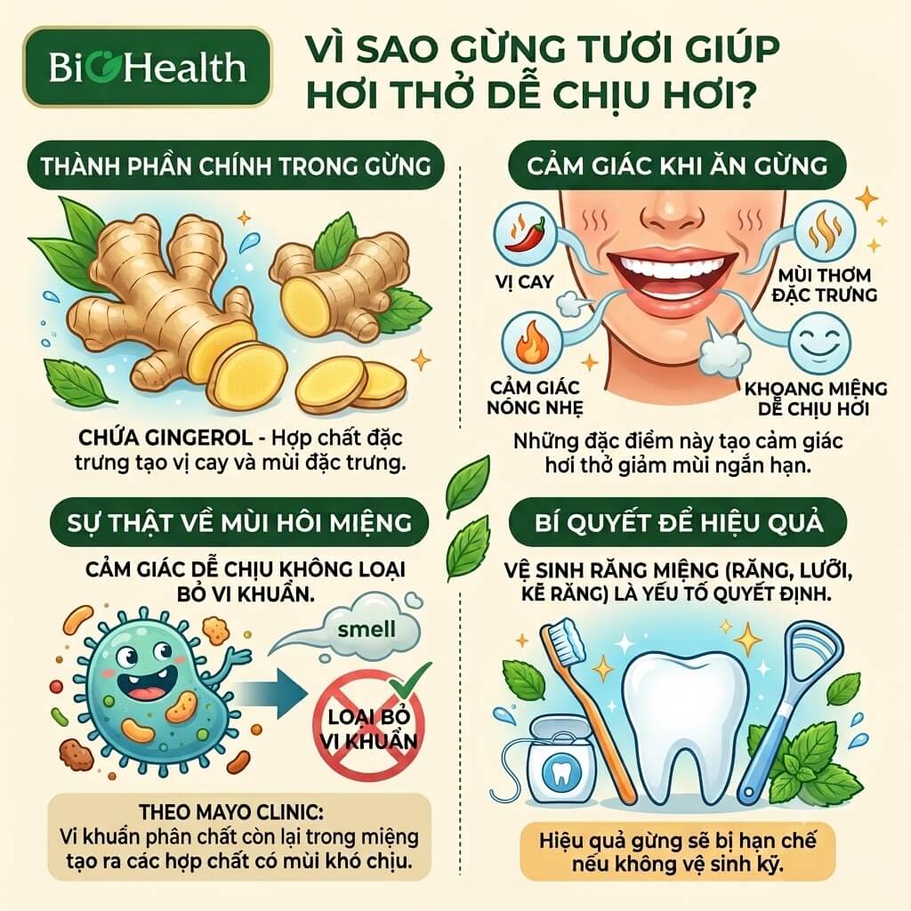 Vì sao gừng tươi có thể giúp hơi thở dễ chịu hơn?