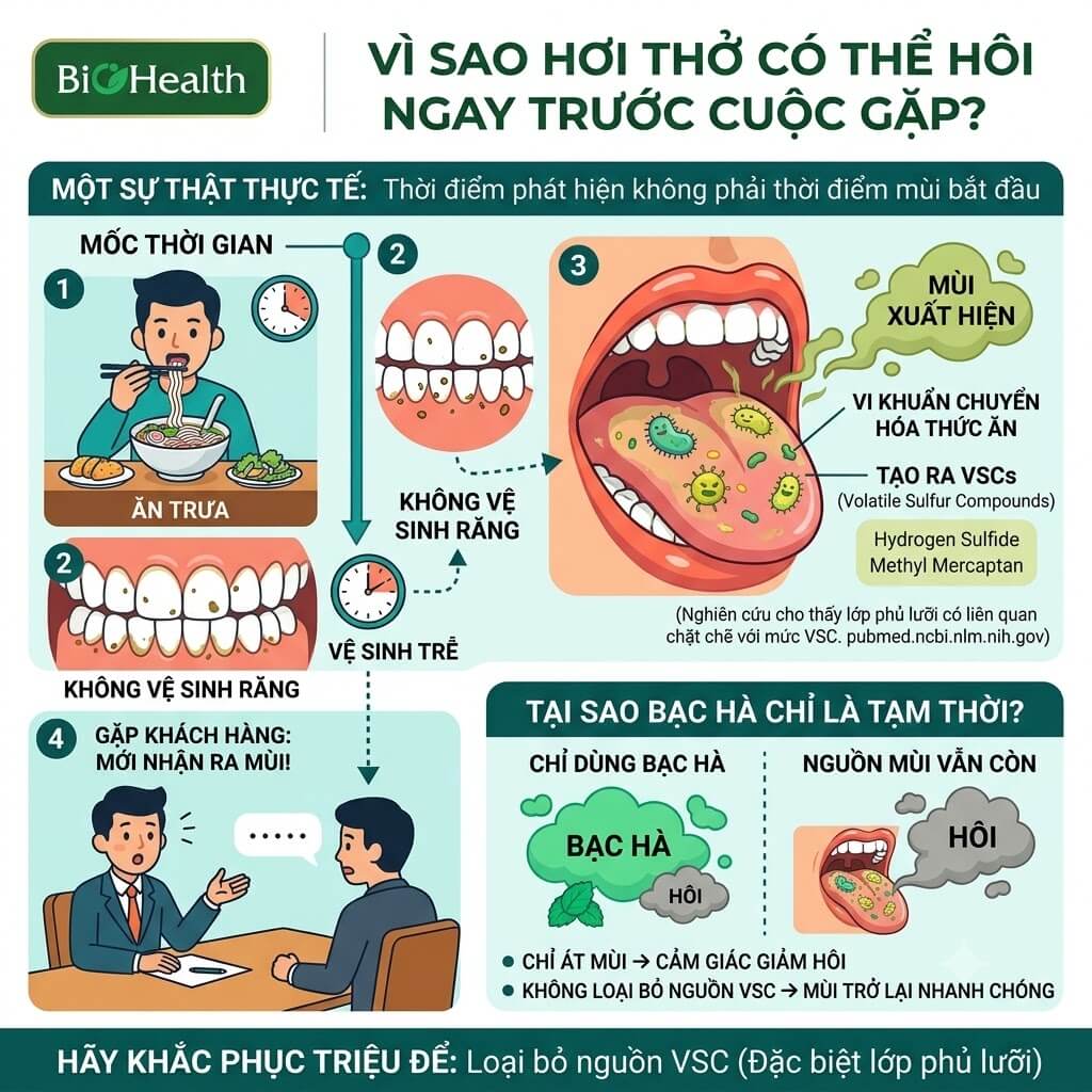 Vì sao hơi thở có thể hôi ngay trước cuộc gặp?