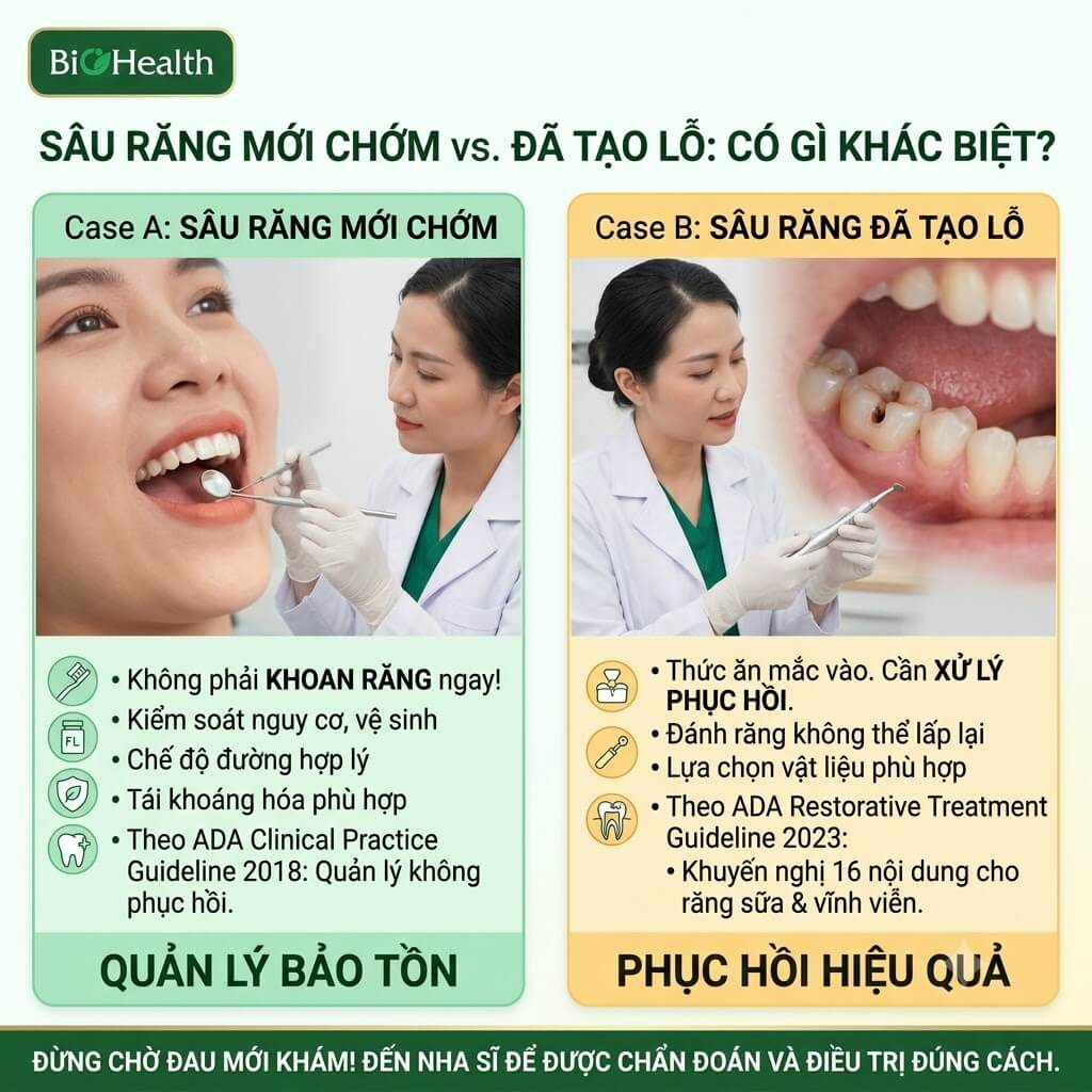 Sâu răng mới chớm và sâu răng đã tạo lỗ cần xử lý khác nhau
